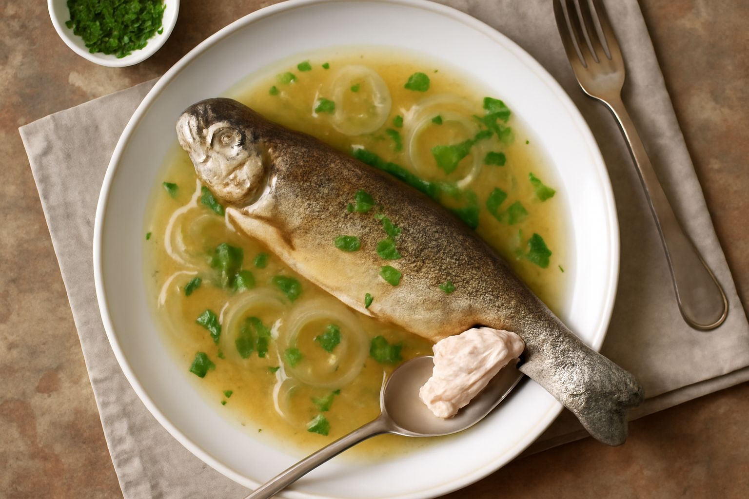 Trota intera dorata in una padella larga con vino bianco, cipolla affettata, filetti di pesce visibili e vapore che sale dalla superficie. Contorno di pomodorini rossi e prezzemolo verde.