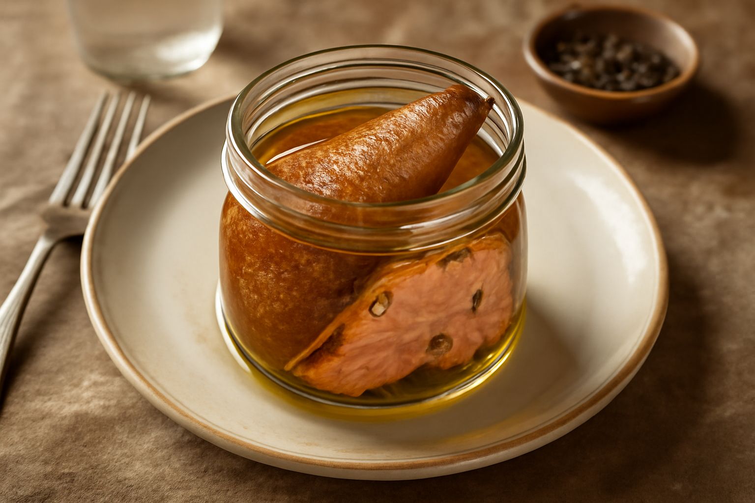 Barattolo di vetro con trota affumicata intera, pelle dorata e affumicata, circondata da olio trasparente e qualche grano di pepe nero, su tavolo di legno naturale con accanto spighe di fieno secco