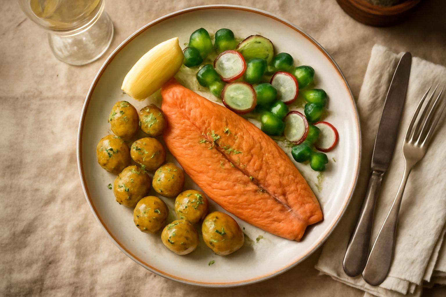 Trota affumicata intera su un piatto bianco, con buccia dorata e affumicata, accompagnata da fette di limone giallo e aneto fresco verde sulla superficie del pesce