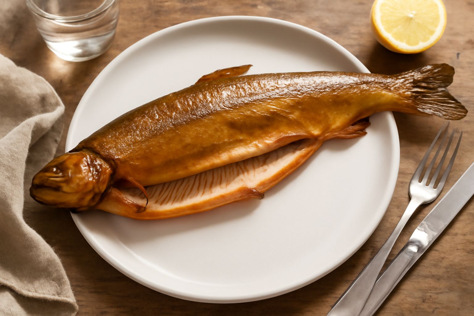 Trota affumicata intera su piatto bianco, dorata e fragrante, con buccia leggermente lucida dal fumo, contornata da limone tagliato a spicchi e erbe aromatiche fresche
