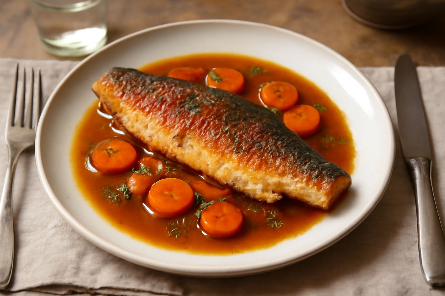 Trota intera cotta al Barbera in padella larga, pelle dorata e leggermente rosata dal vino, circondata da cipolla e carota tagliate, salsa scura e lucente, guarnita con prezzemolo fresco verde su piat