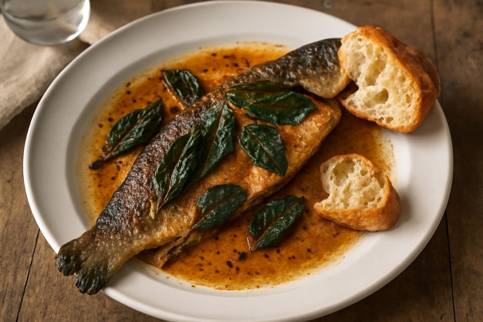 Trota intera dorata in padella, ricoperta di burro fuso e foglie di salvia verde, servita in piatto bianco con limone fresco accanto e contorno di verdure al vapore