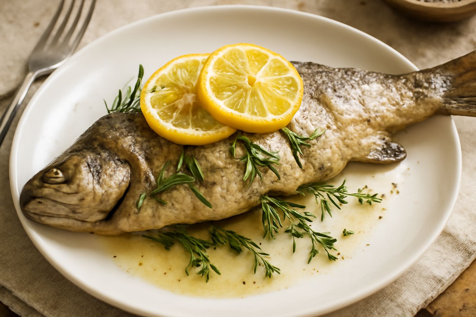 Trota intera dorata al forno su piatto bianco, guarnita con fettine di limone, rosmarino fresco e accompagnata da verdure grigliate