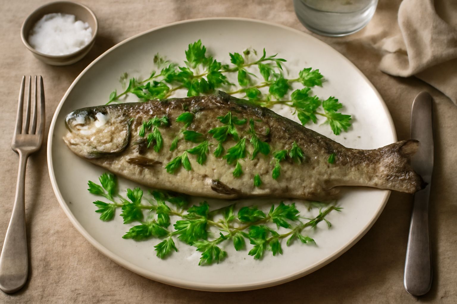 Trota intera cotta al forno su un piatto bianco, dorata e circondata da rametti di prezzemolo fresco, rosmarino e limone a fette, con contorno di verdure grigliate