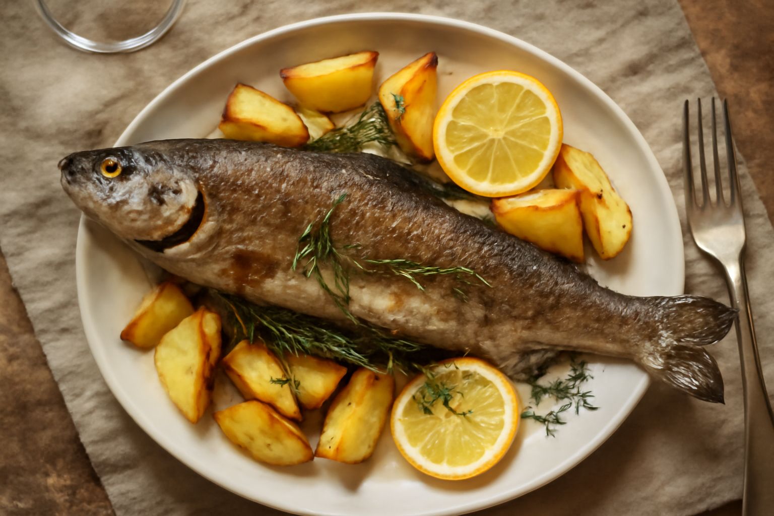 Trota intera dorata al forno su piatto bianco, circondata da rametti di rosmarino fresco, timo e fette di limone, con contorno di patate al forno e verdure grigliate