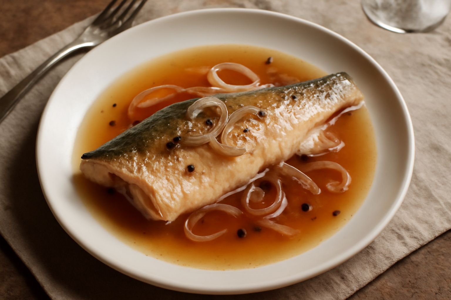 Filetto di trota dorata e morbida in un fondo di vino bianco ambrato, decorato con fette di scalogno trasparente e prezzemolo fresco, servito in piatto bianco fondo con contorno di verdure verdi