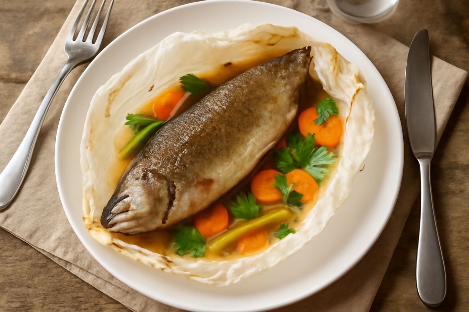 Trota intera cotta al plin servita nel piatto bianco, avvolta in carta pergamena leggermente aperta, circondata da carota, sedano e prezzemolo fresco verde, al vapore