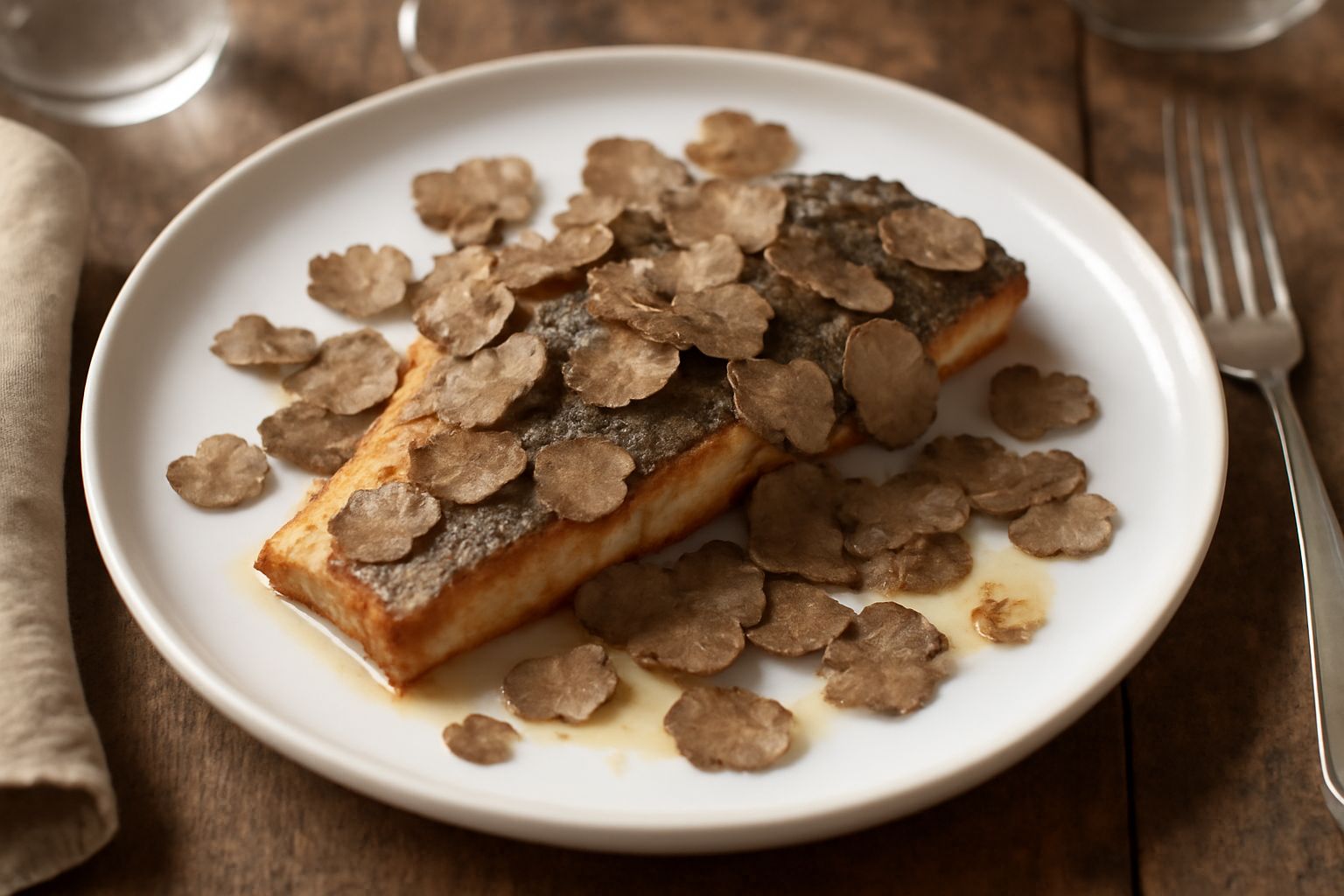 Filetto di trota rosato al tartufo nero grattugiato, cotto in olio biondo, disposto su piatto bianco con contorno di verdure grigie e riccioli di tartufo, vapore leggero e guarnizione di prezzemolo