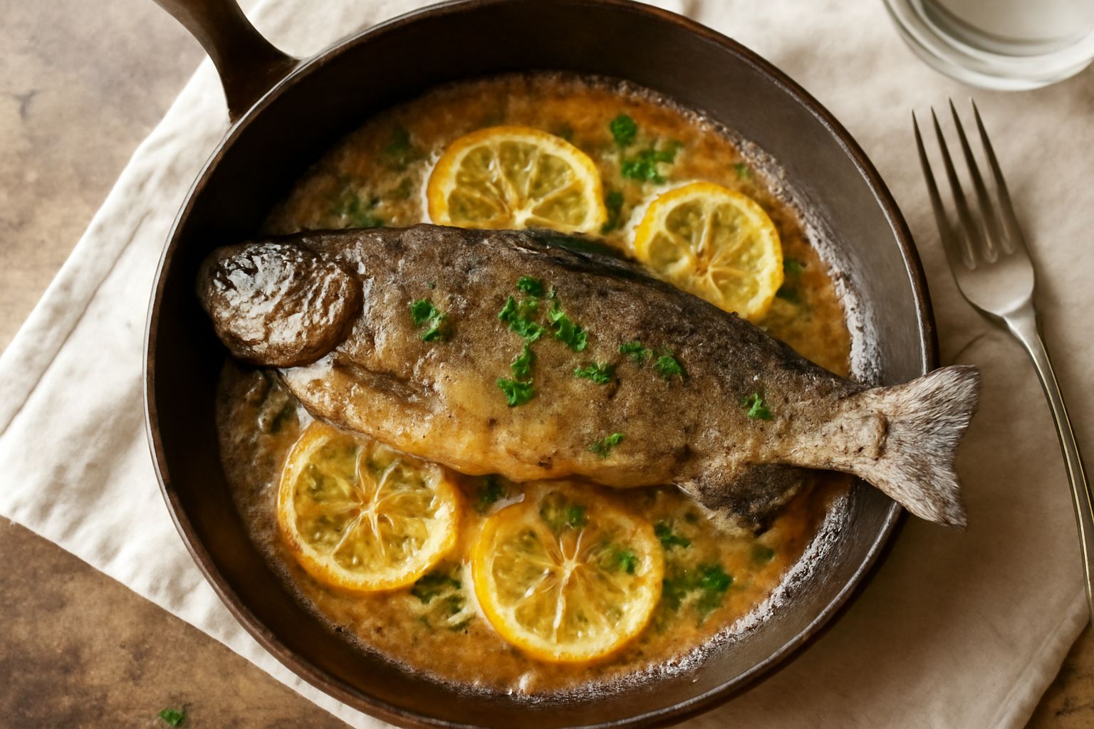 Trota dorata in tegame di ghisa con burro schiumato, fette di limone gialle e foglie di prezzemolo fresco sparso sulla pelle croccante del pesce