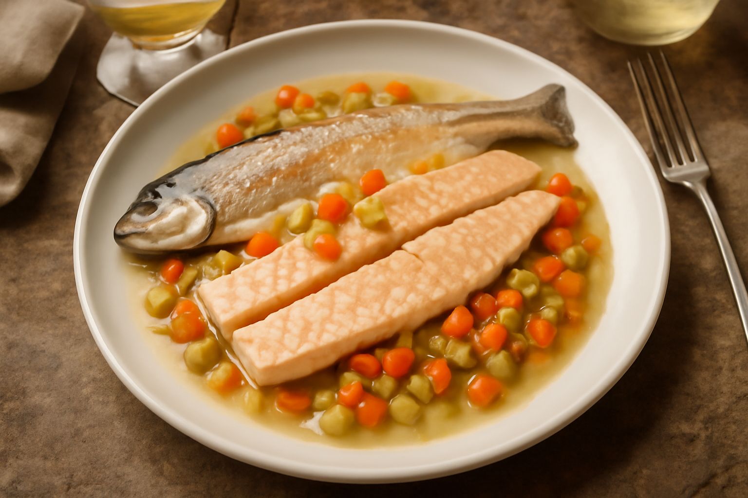Trota intera dorata con riflessi argentei, adagiata su un letto di verdure soffritte e ricoperta di salsa bianca trasparente al vino, decorata con un rametto di prezzemolo fresco e fette di limone gia