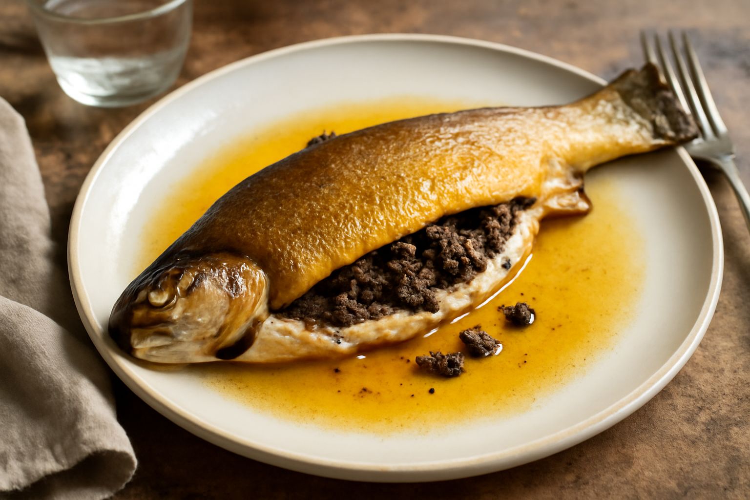 Una trota intera ripiena, dorata e croccante in superficie, adagiata su un piatto bianco con contorno di verdure grigliate e fette di limone, guarnita con tartufo nero affettato.