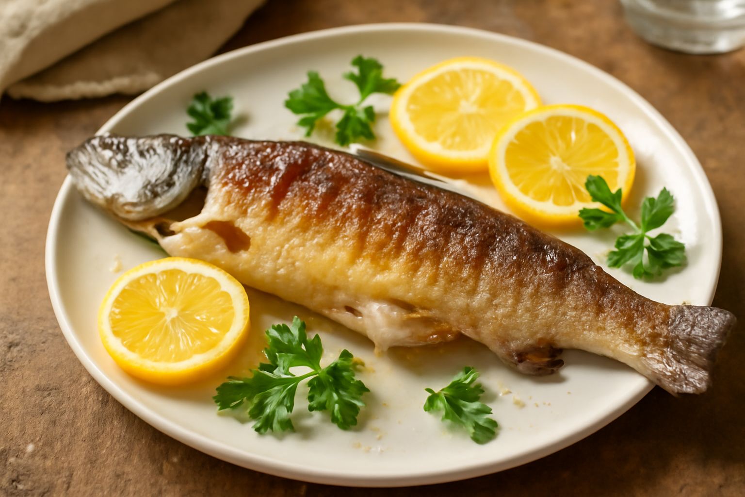 Una trota intera grigliata dorata, servita in un piatto bianco con fette di limone, erbe aromatiche fresche e contorno di verdure grigliate leggermente caramellate