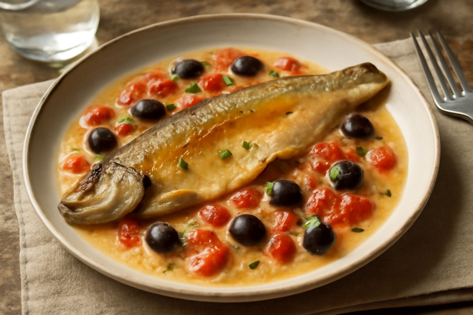 Una trota intera cotta in padella, circondata da pomodori rossi, olive nere e salsa di vino bianco in un piatto bianco, con prezzemolo tritato e fette di limone come guarnizione