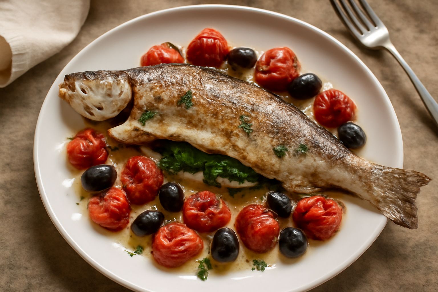 Una trota intera riempita di prezzemolo e timo, adagiata su un letto di pomodori rossi e olive nere in una pirofila di ceramica, fiamma del forno dorata sullo sfondo