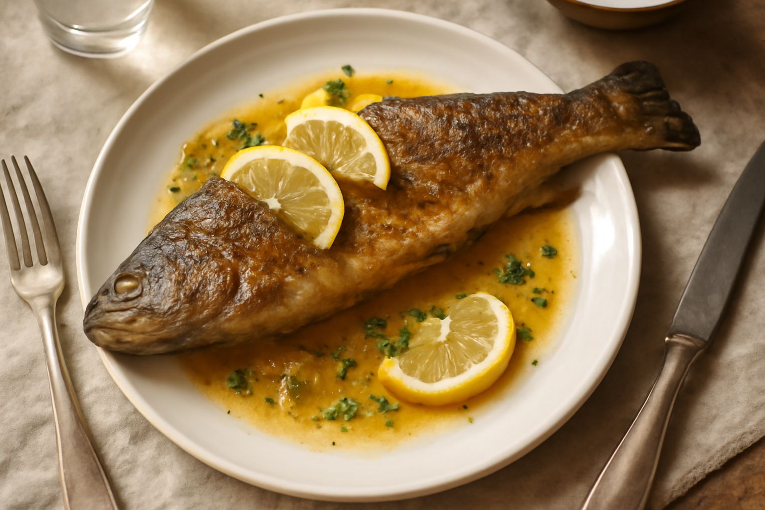 Trota intera dorata e croccante su piatto bianco, circondata da spicchi di limone fresco e prezzemolo verde, con gocce di burro fuso intorno