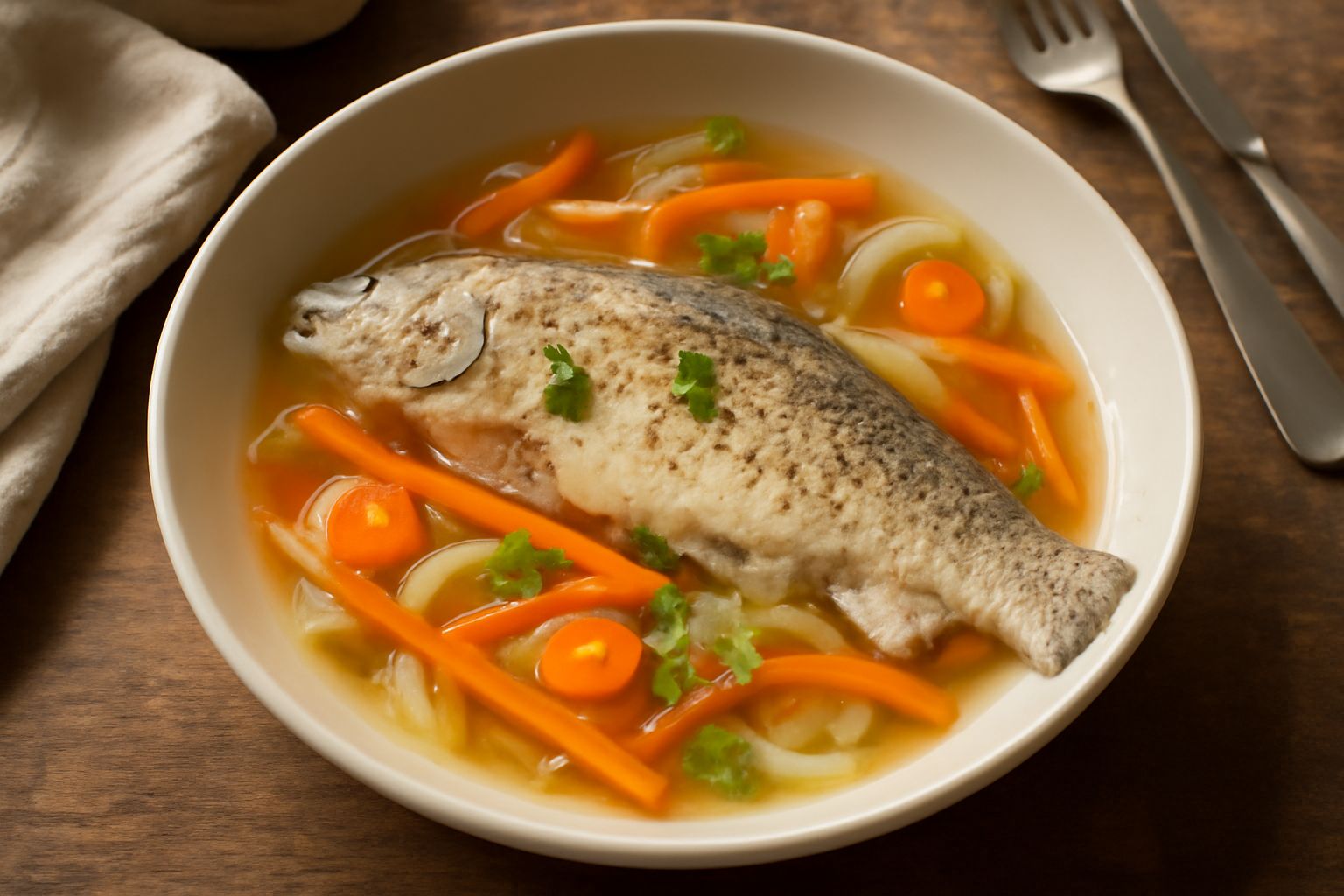 Trota intera cotta in brodo con verdure affettate, carote e sedano arancioni e bianchi, contorno di patate lessate in un piatto di ceramica bianca con bordo dorato, brodo trasparente, erba cipollina f