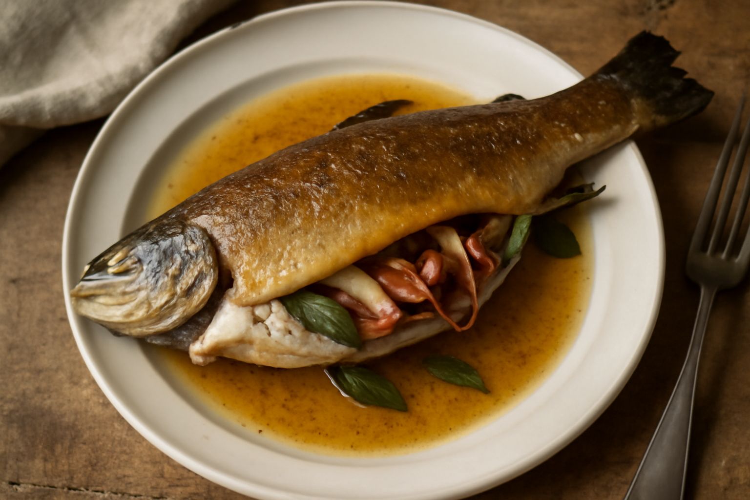 Trota intera dorata al forno su piatto bianco, riempita di pancetta e salvia, bagnata di vino bianco, contornata da fette di limone fresco e prezzemolo
