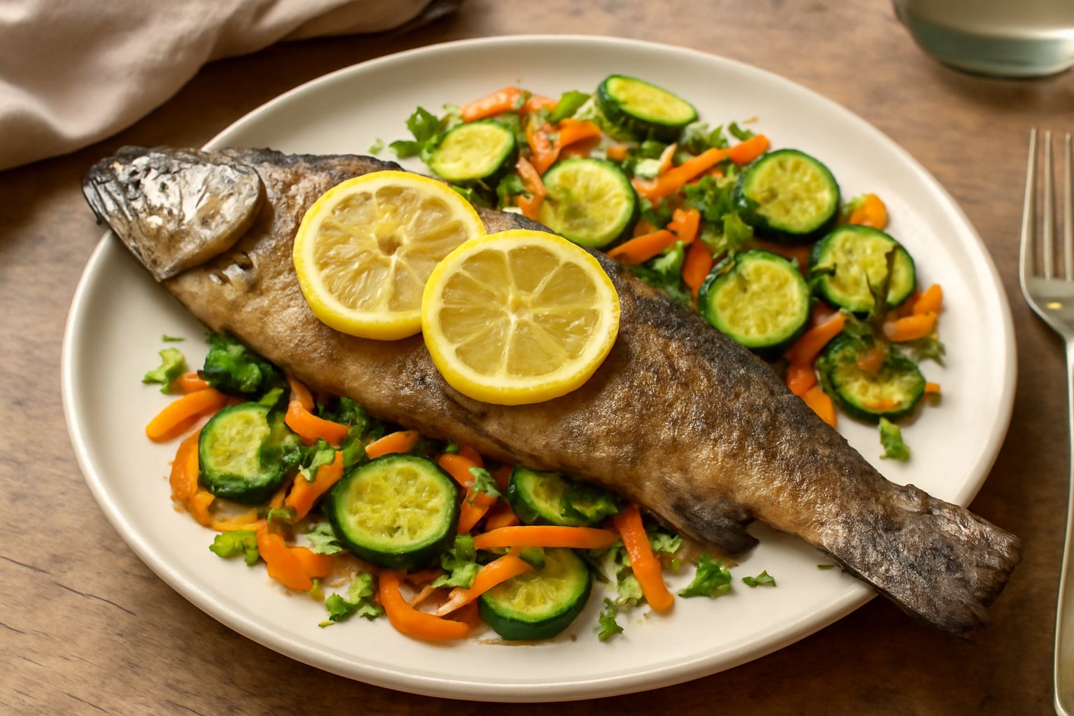 Trota intera al forno dorata e croccante in superficie, guarnita con foglie di salvia verde, fette di limone giallo, in un piatto bianco con contorno di verdure saltate.