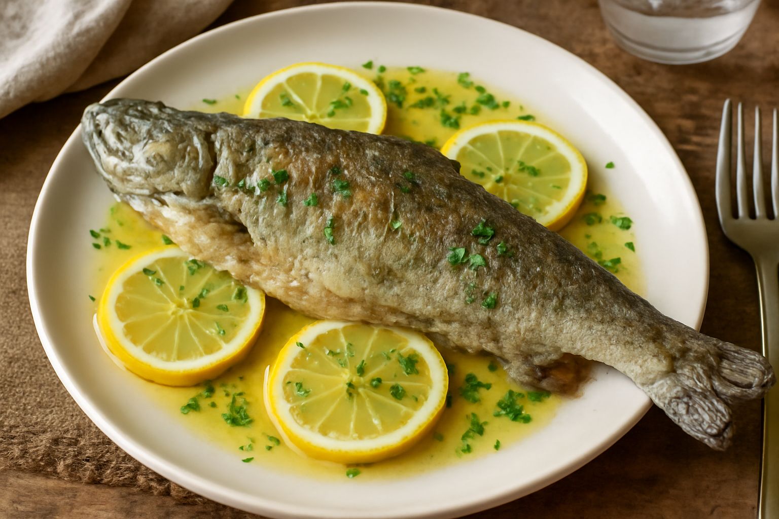 Una trota intera dorata al forno, cosparsa di prezzemolo fresco, circondata da fette di limone giallo e gocce di burro fuso, poggiata su carta da forno bianca in una pirofila rettangolare
