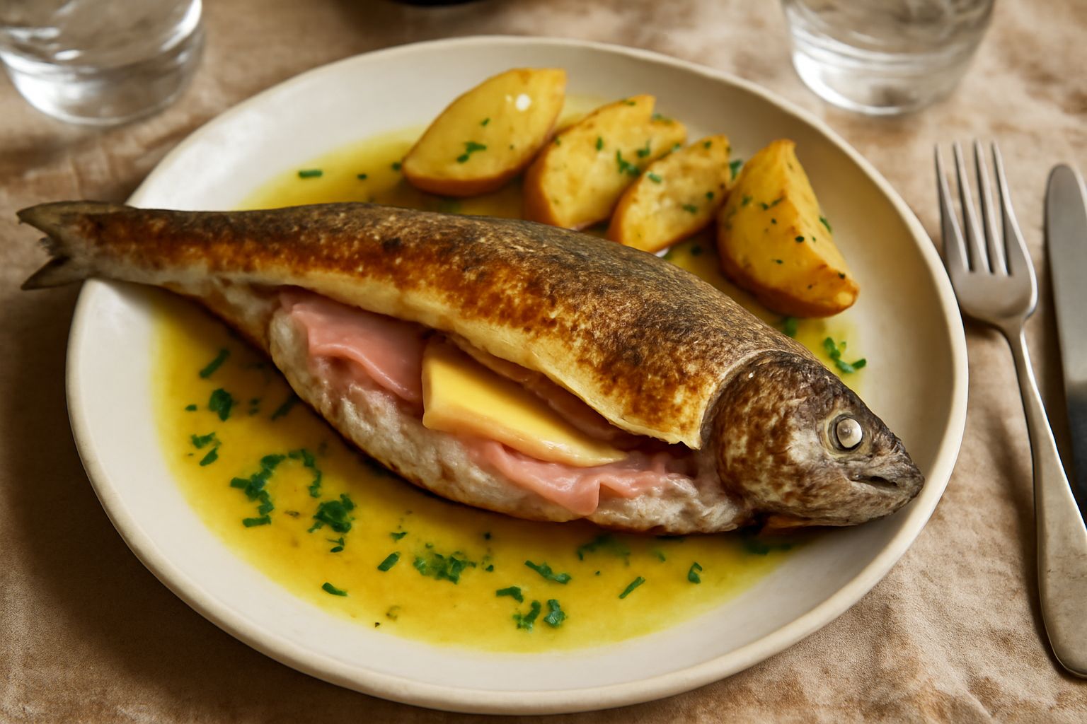 Trota intera dorata al forno su piatto bianco, ripiena di prosciutto crudo e formaggio, circondata da patate bollite e contorno di verdure grigliate leggermente bruciacchiate