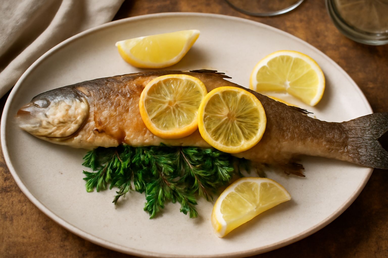Trota intera cotta al forno su piatto bianco, con erbe verdi fresche all'interno, limone affettato, fondo dorato, vapore visibile, contorno di verdure grigliate sfuocate