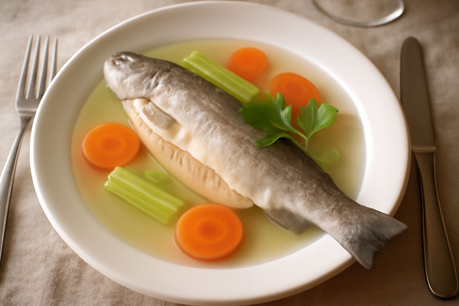Una trota intera cotta al vapore in un piatto bianco, circondata da carota affettata, sedano e prezzemolo fresco, con brodo leggero trasparente