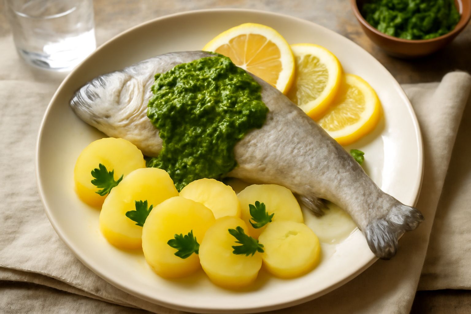 Trota intera lessata disposta su piatto bianco, circondata da salsa verde brillante, contorno di patate bollite e fettine di limone fresco, erbe aromatiche sparse sopra