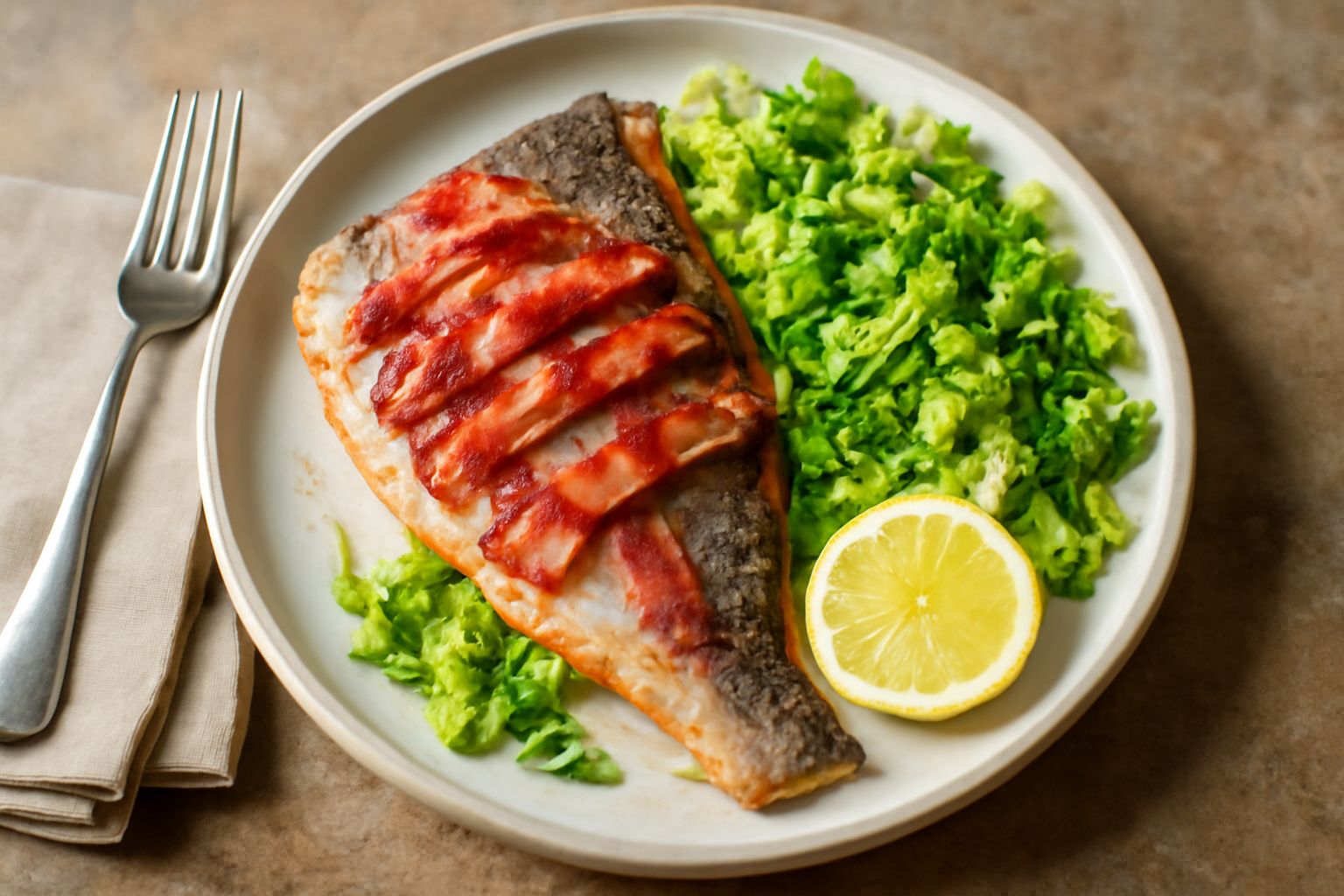 Filetto di trota al forno con strisce di bacon croccante adagiato sopra, contorno di cavolo verza saltato color verde brillante, piatto bianco con limone affettato a guarnizione