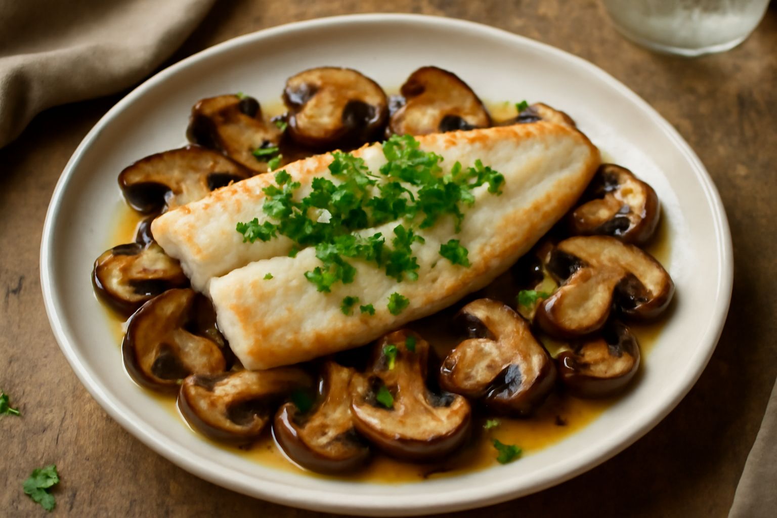 Filetto di trota dorato al forno su piatto bianco, circondato da funghi porcini marroni e dorati, prezzemolo fresco e limone affettato, con contorno di verdure grigie sfumate