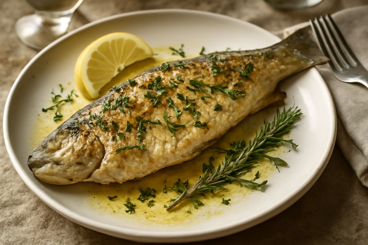 Trota intera al forno dorata con rametti di timo e rosmarino fresco, limone a fette sul piatto bianco, contorno di verdure leggermente grigliate
