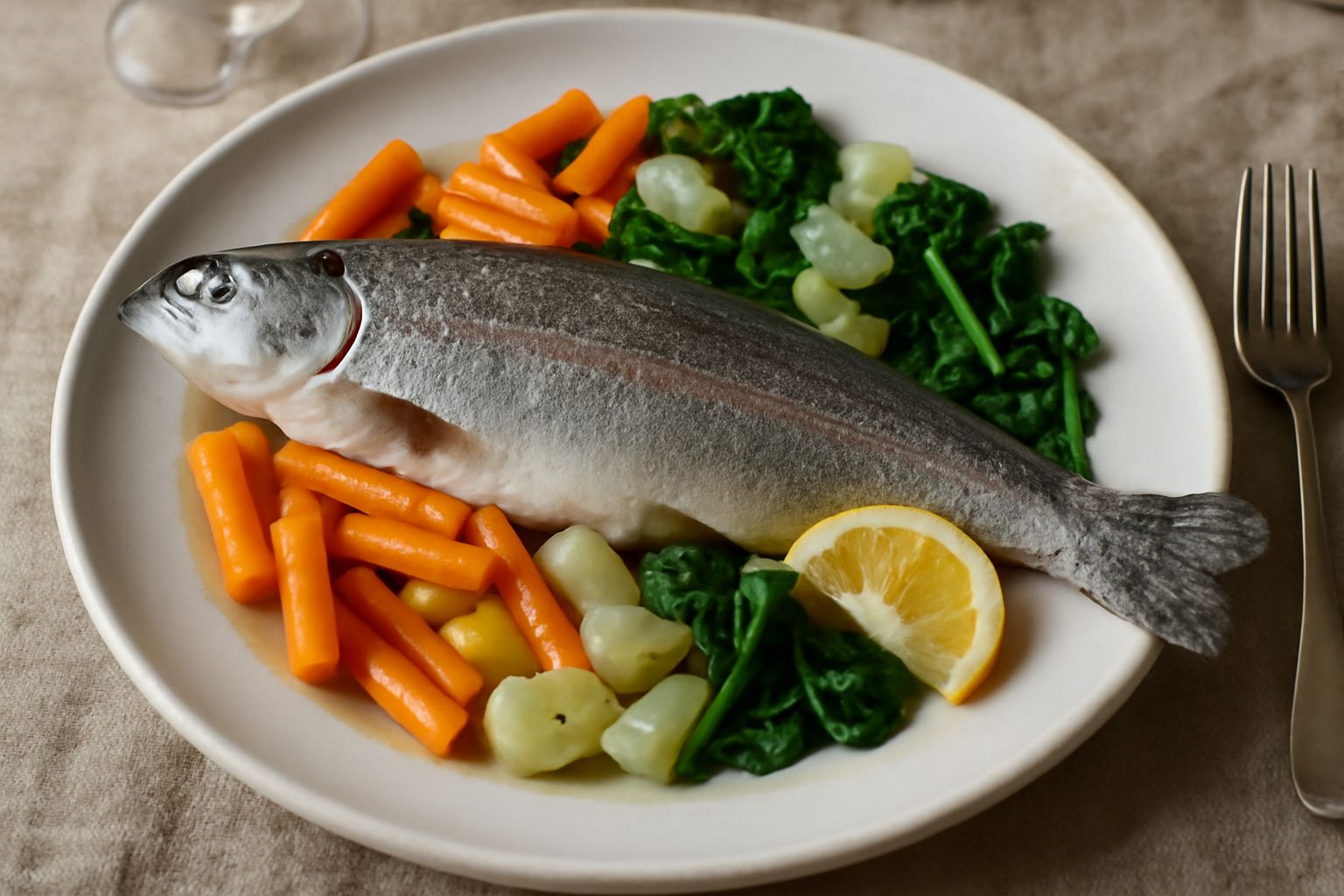 Trota intera al forno su letto di carote affettate, sedano e spinaci d'acqua, guarnita con limone fresco e prezzemolo verde, servita in piatto bianco