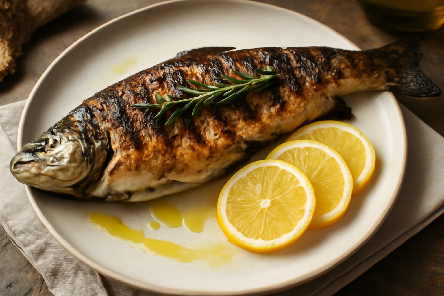 Trota di fiume intera cotta alla griglia, dorata sui fianchi, disposta su piatto bianco con fette di limone fresco, rosmarino e sale grosso sparso intorno