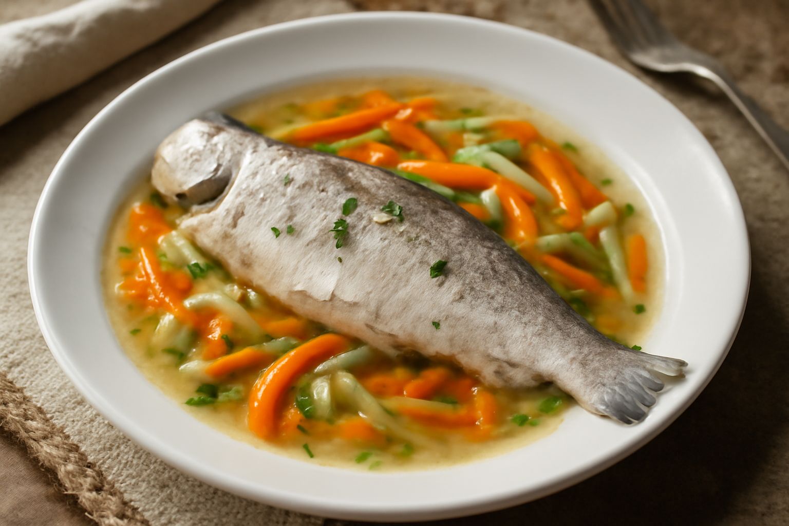 Una trota intera cotta in umido, con pelle dorata e carni bianche visibili, servita in un piatto di ceramica bianca con brodo trasparente, cipolla, carota e sedano intorno, guarnita con prezzemolo fre