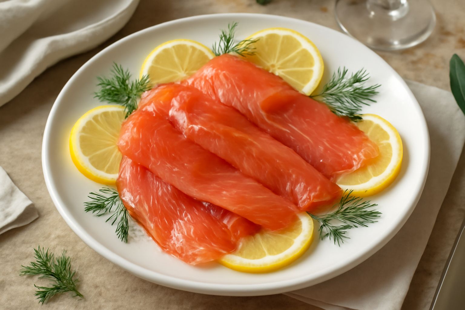 Fette sottili di trota fumé color rosa salmone su un piatto bianco, con scorza di limone giallo, aneto fresco verde scuro e fleur di sale, guarnite con gocce di olio di semi di lino