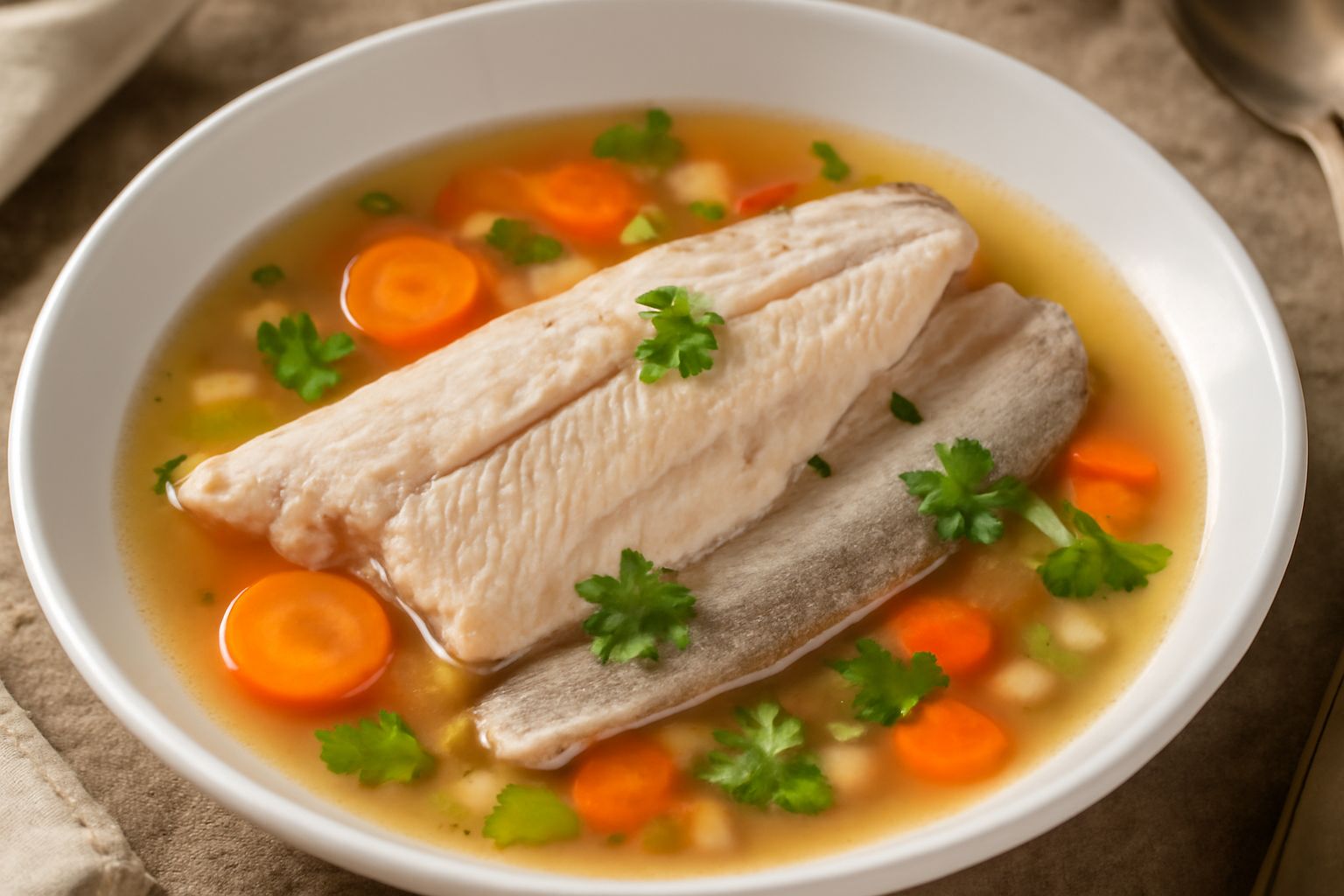 Una trota intera cruda di colore grigio argentato e macchie scure, stesa su un tagliere di legno con limone a fette, aneto fresco e sale grosso sparso intorno
