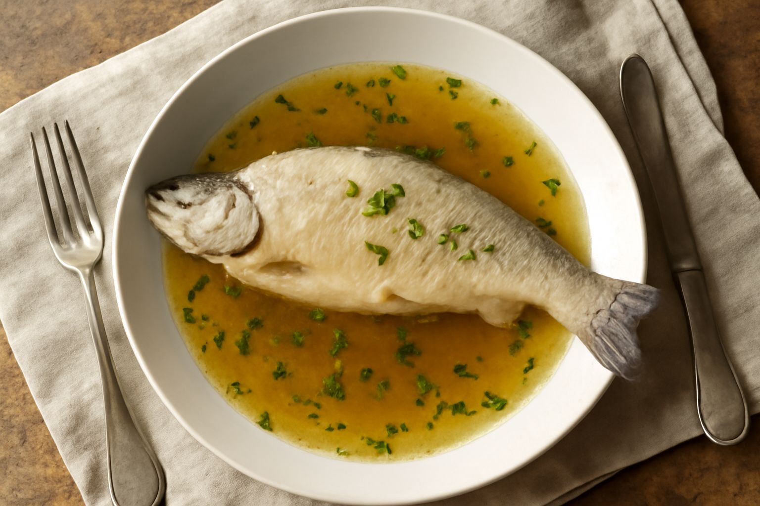 Trota intera e delicata adagiata in una ciotola fonda bianca, sommersa parzialmente in brodo di pesce trasparente con colore ambrato, contornata da fette di limone e rametti di prezzemolo fresco