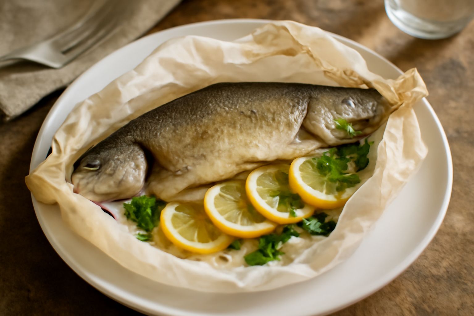 Cartoccio di carta da forno aperto che mostra una trota intera cotta con limone affettato, erbe aromatiche fresche e verdure, vapore caldo che esce dal pieghe della carta, piatto bianco in sottofondo