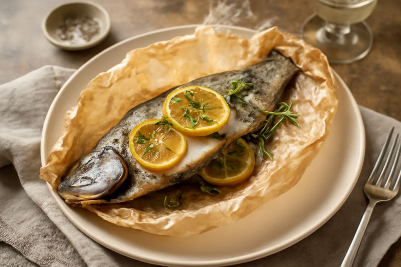 Trota intera cotta in cartoccio di carta forno bianca semi-aperta, contornata da limone a fette e rametti di rosmarino fresco, vapore caldo che esce dalla carta