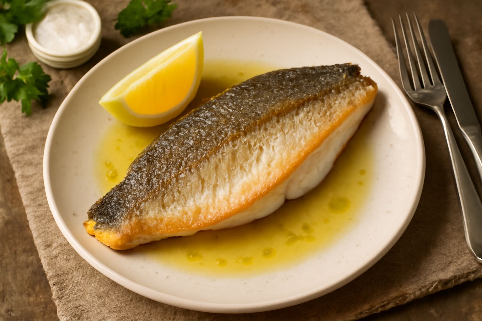Trota intera rosata in padella antiaderente con pelle dorata e croccante, contornata da fette di limone fresco e prezzemolo, accompagnata da verdure crude verdi in piatto bianco