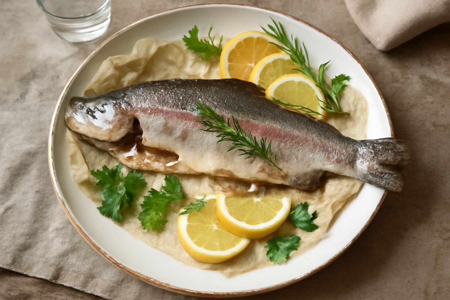 Trota iridea intera al forno su carta da forno, circondata da fette di limone fresco, rametti di rosmarino e prezzemolo, con contorno di zucchine grigliate