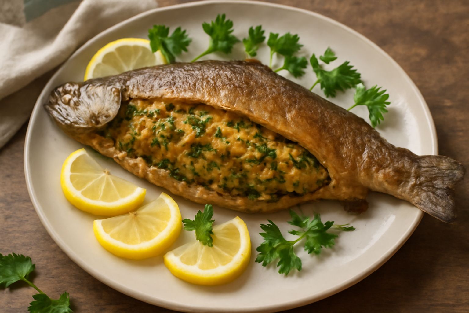 Trota intera ripiena di verdure e pane, dorata al forno, guarnita con fettine di limone e prezzemolo fresco, servita in un piatto bianco con contorno di verdure grigliate