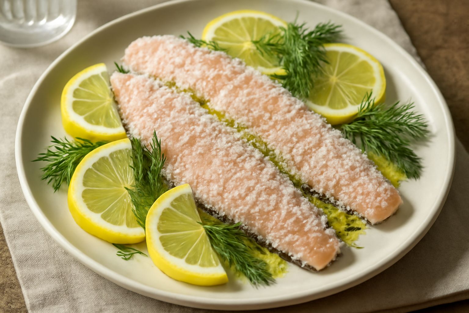 Filetti di trota rosa pallido su un piatto bianco, ricoperti di cristalli di sale grosso, con fette sottili di limone, aneto e gocce di olio extravergine d'oliva