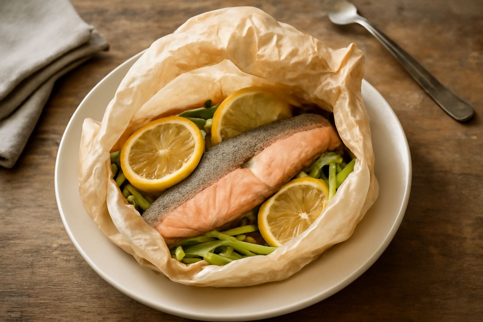Cartoccio di carta da forno leggermente sgonfiato con la trota salmonata intera visibile attraverso uno strappo, circondata da fettine di limone giallo, rametti di aneto verde e carote affettate sotti