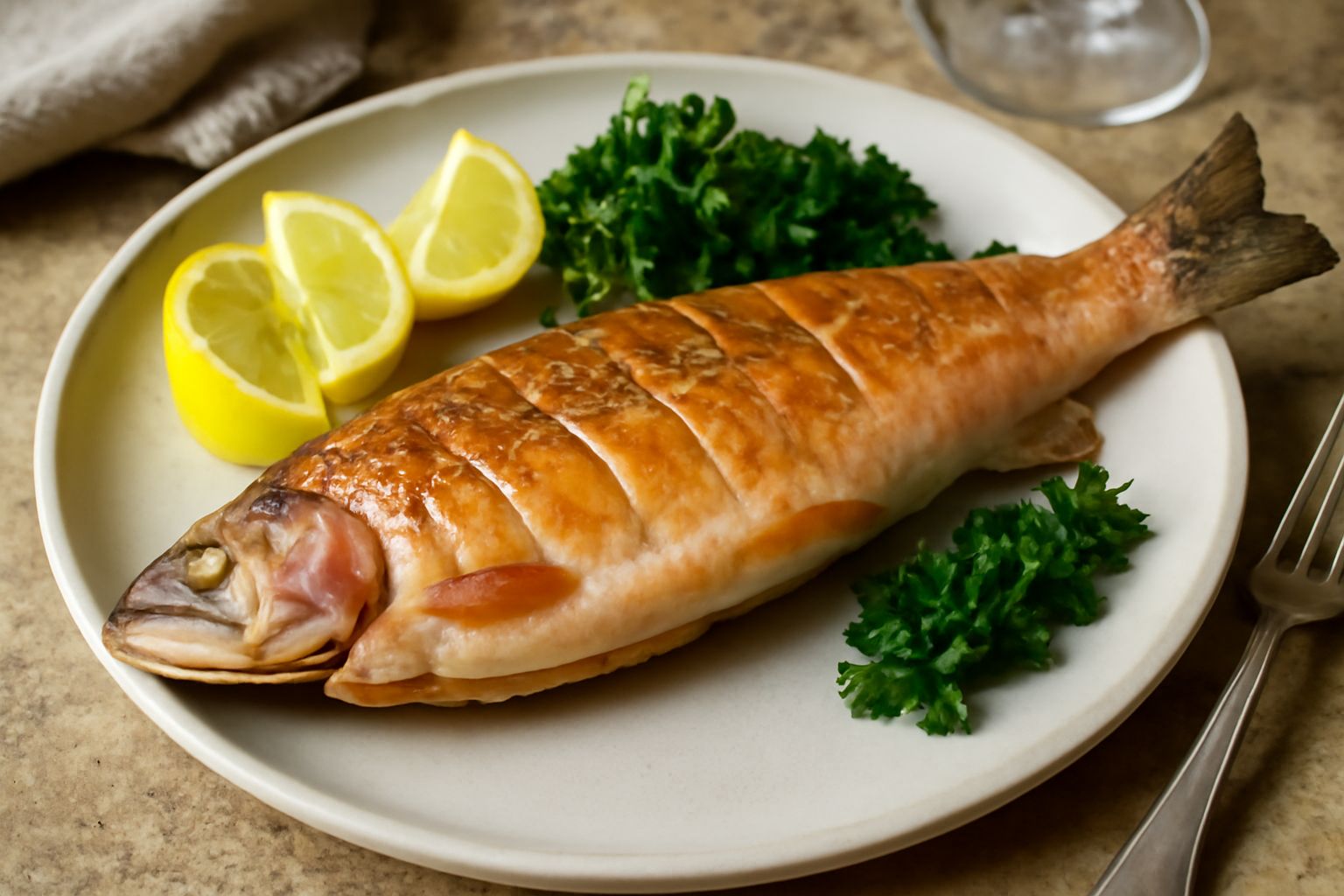 Trota salmonata intera e cotta al forno, dorata e profumata, su un piatto bianco con spicchi di limone, rametti di rosmarino fresco e olio d'oliva trasparente versato sul pesce
