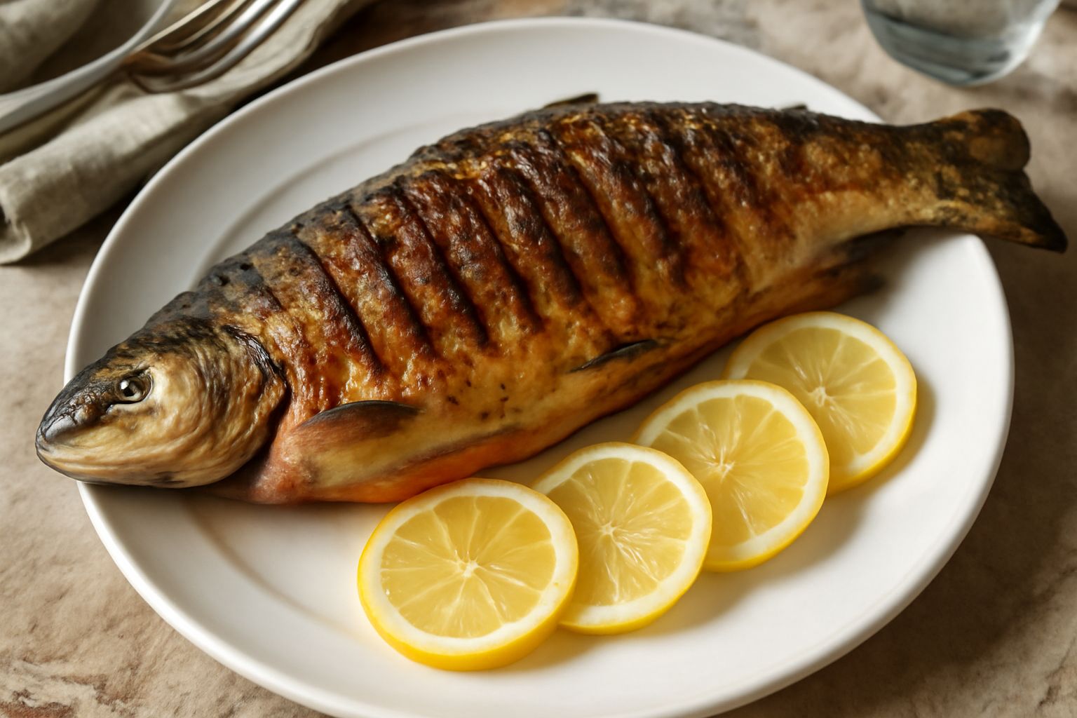 Trota salmonata intera grigliate su griglia di ferro, con pelle dorata e croccante, limone fresco tagliato accanto, piatto bianco, erbe aromatiche di rosmarino sullo sfondo