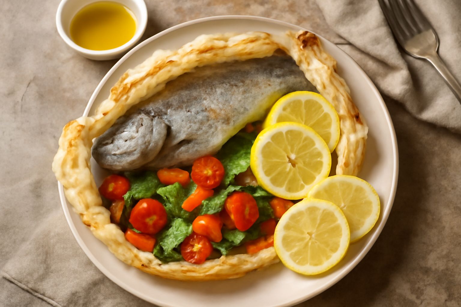 Cartoccio di carta da forno appena aperto con trota intera cotta, circondata da fettine di limone, erbe aromatiche verdi e vapore che fuoriesce. Piatto bianco in sottofondo.