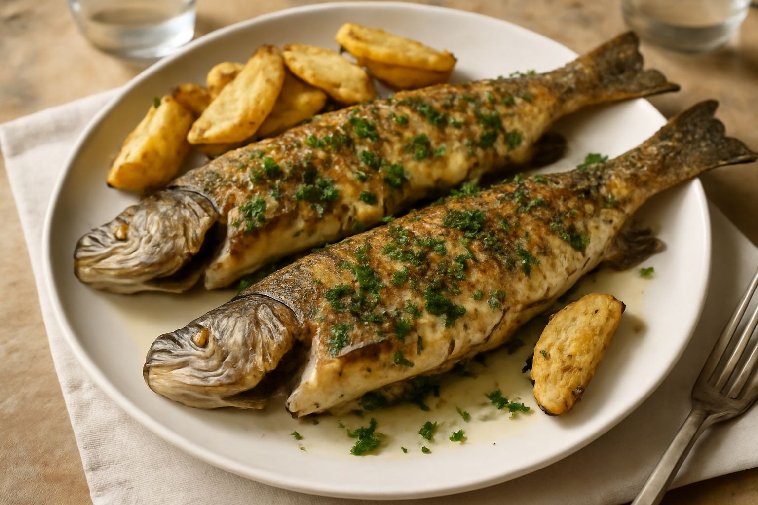 Trote intere al forno su piatto bianco, ricoperte di erbe verdi fresche (prezzemolo, timo, rosmarino), con limone affettato ai lati e contorno di verdure grigliate sfumate di oro