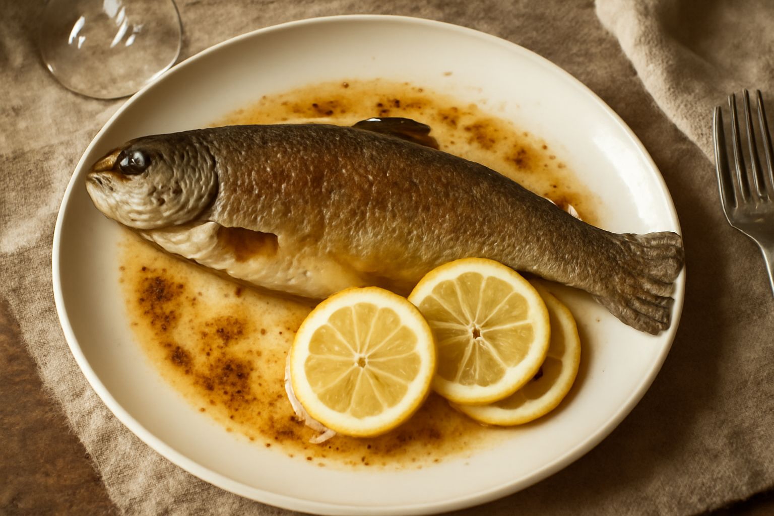 Trota intera dorata con patina croccante di farina, impiattata su fondo bianco con fette di limone, prezzemolo fresco e gocce di burro fuso intorno