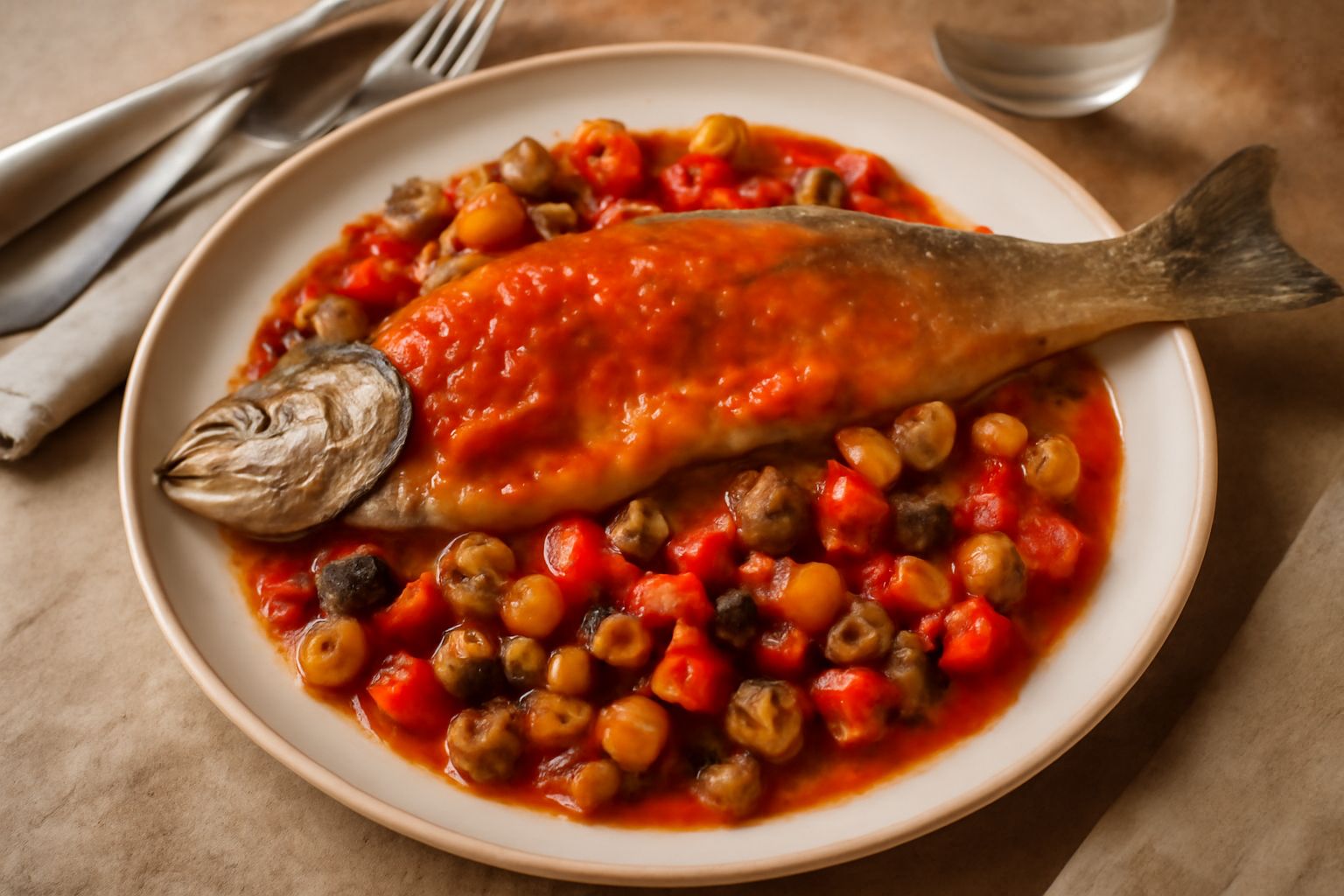 Trota intera cotta in salsa di pomodori freschi con melanzane viola, zucchine verdi e peperoni rossi in un piatto bianco fondo, guarnita con prezzemolo fresco