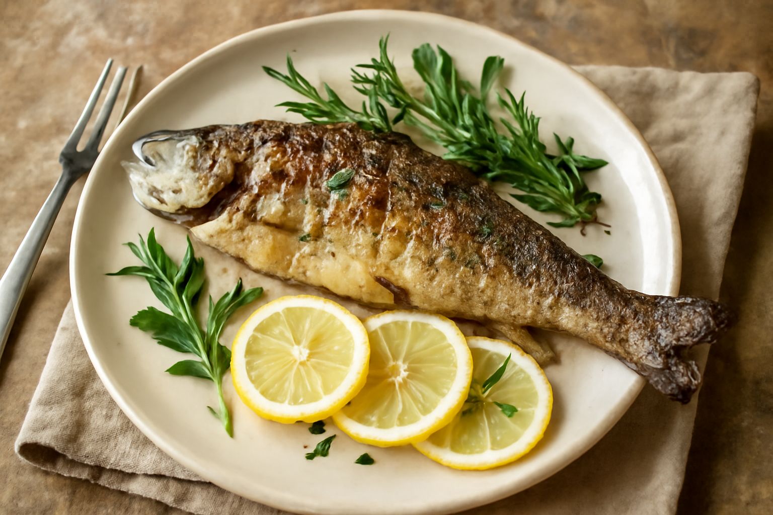 Trote intere dorate al forno su piatto bianco, guarnite con rametti di rosmarino e salvia fresca, contornate da fette di limone e olive verdi